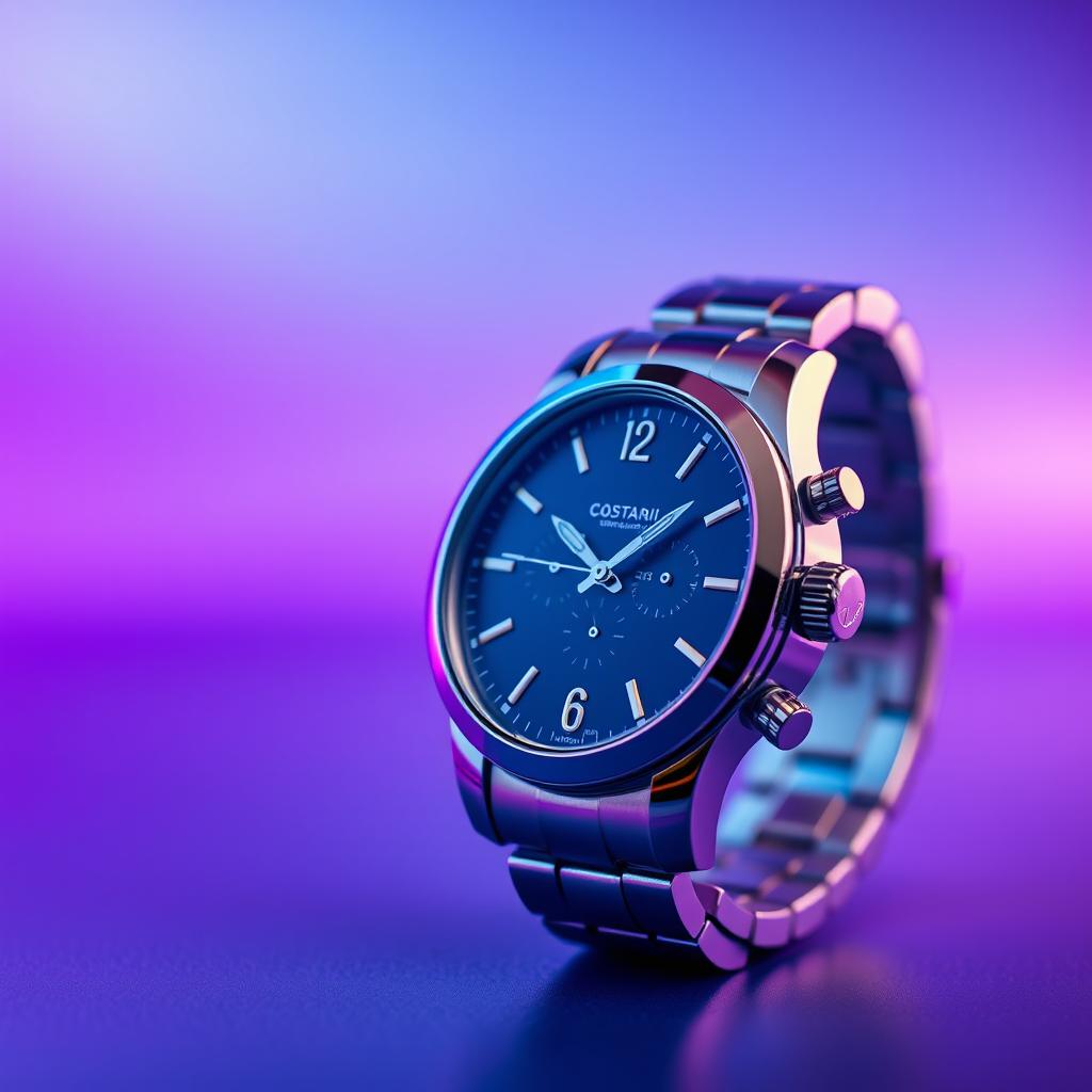 A high-quality image of a luxurious watch in focus, set against a smooth and visually appealing purple and blue gradient background