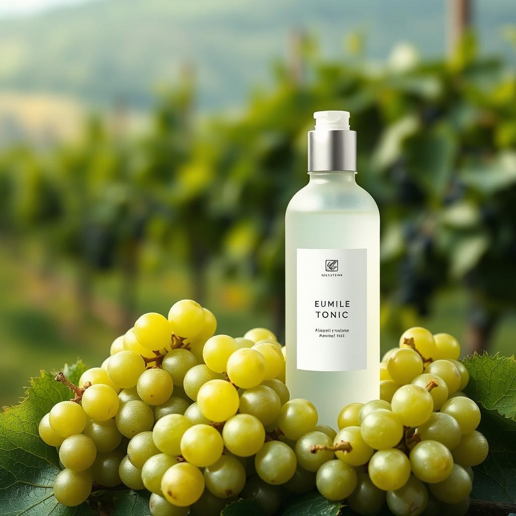 A stylish cosmetic tonic bottle elegantly placed amidst lush green grapes