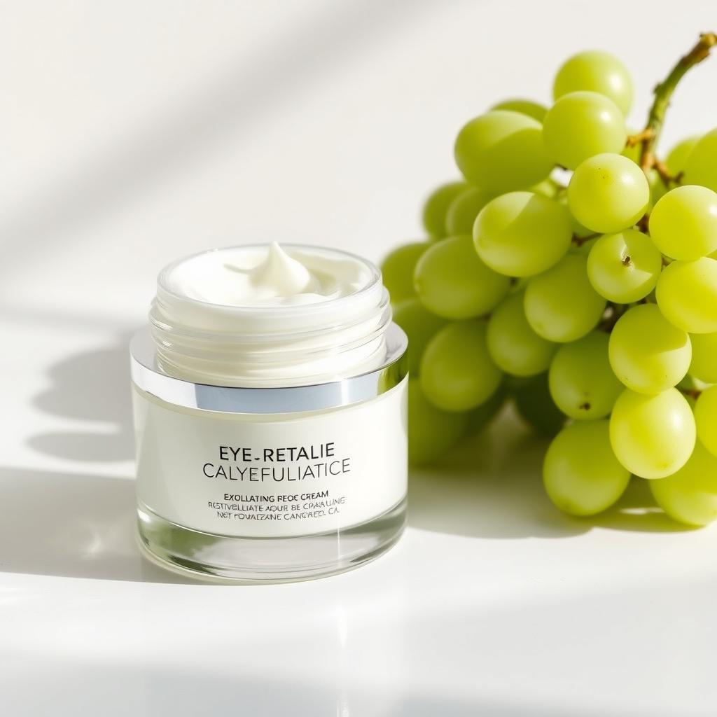 A cosmetic exfoliating cream jar, beautifully designed with a sleek and modern aesthetic, featuring a translucent lid that reveals a hint of the creamy product inside