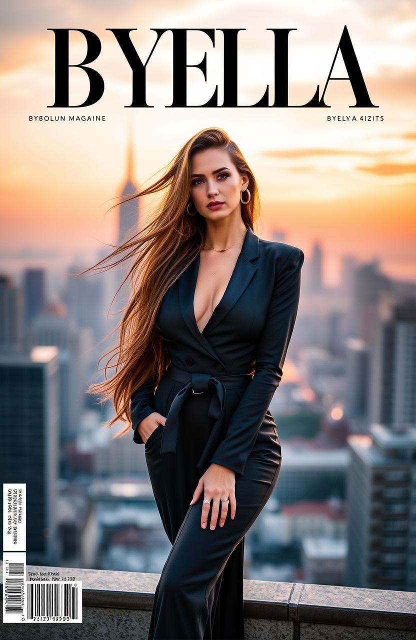A stunning cover for BYELLA Magazine featuring a stylish, high-fashion woman with long, flowing hair, dressed in an elegant, luxurious outfit