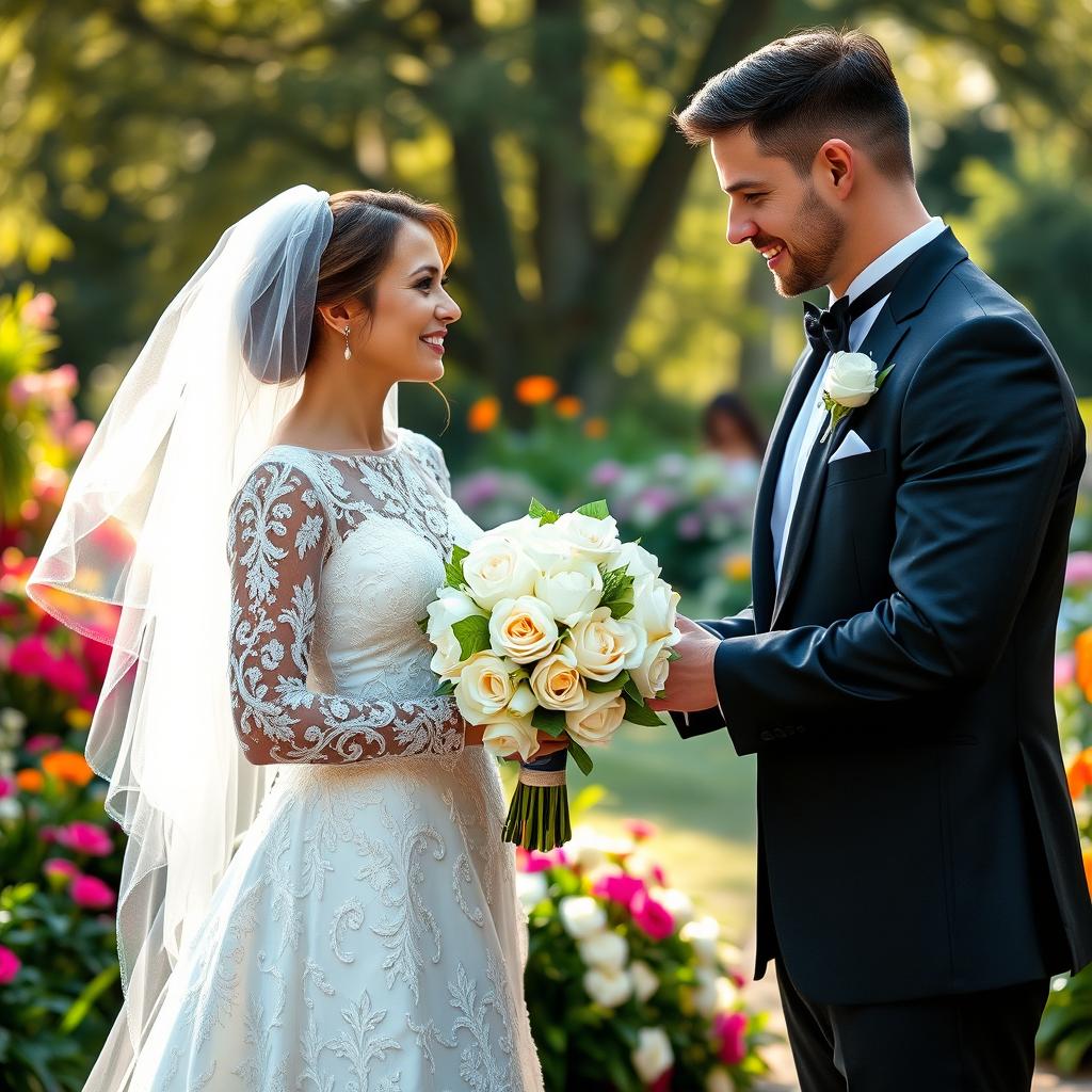 A beautiful wedding scene depicting a radiant bride and a dapper groom exchanging vows outdoors