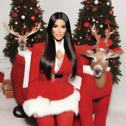 Kim Kardashian dressed in a high-fashion Santa Claus inspired outfit, mixing elements of haute couture with the traditional holiday symbols of the red suit, white trim, and chic reindeer accessories.