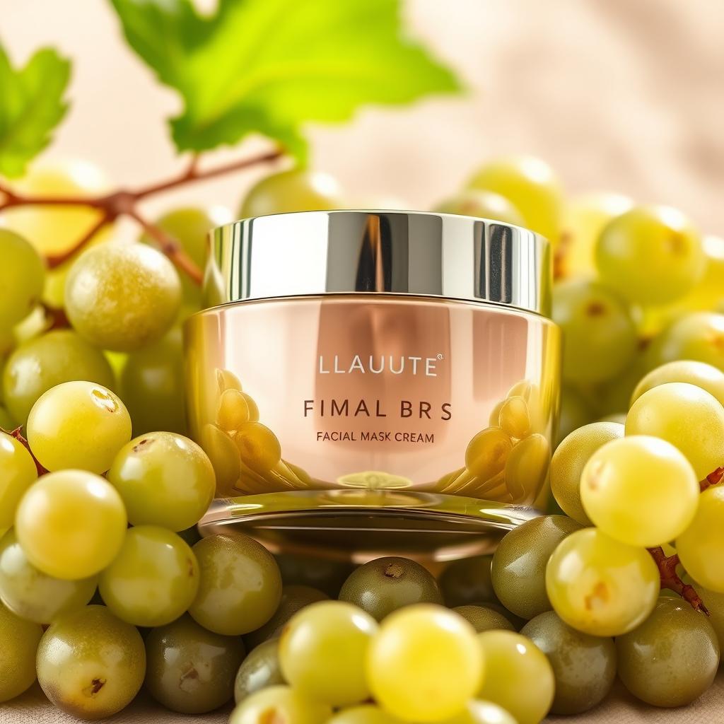 A luxurious cosmetic facial mask cream jar elegantly placed among fresh green grapes, showcasing the shiny, smooth surface of the jar reflecting natural light