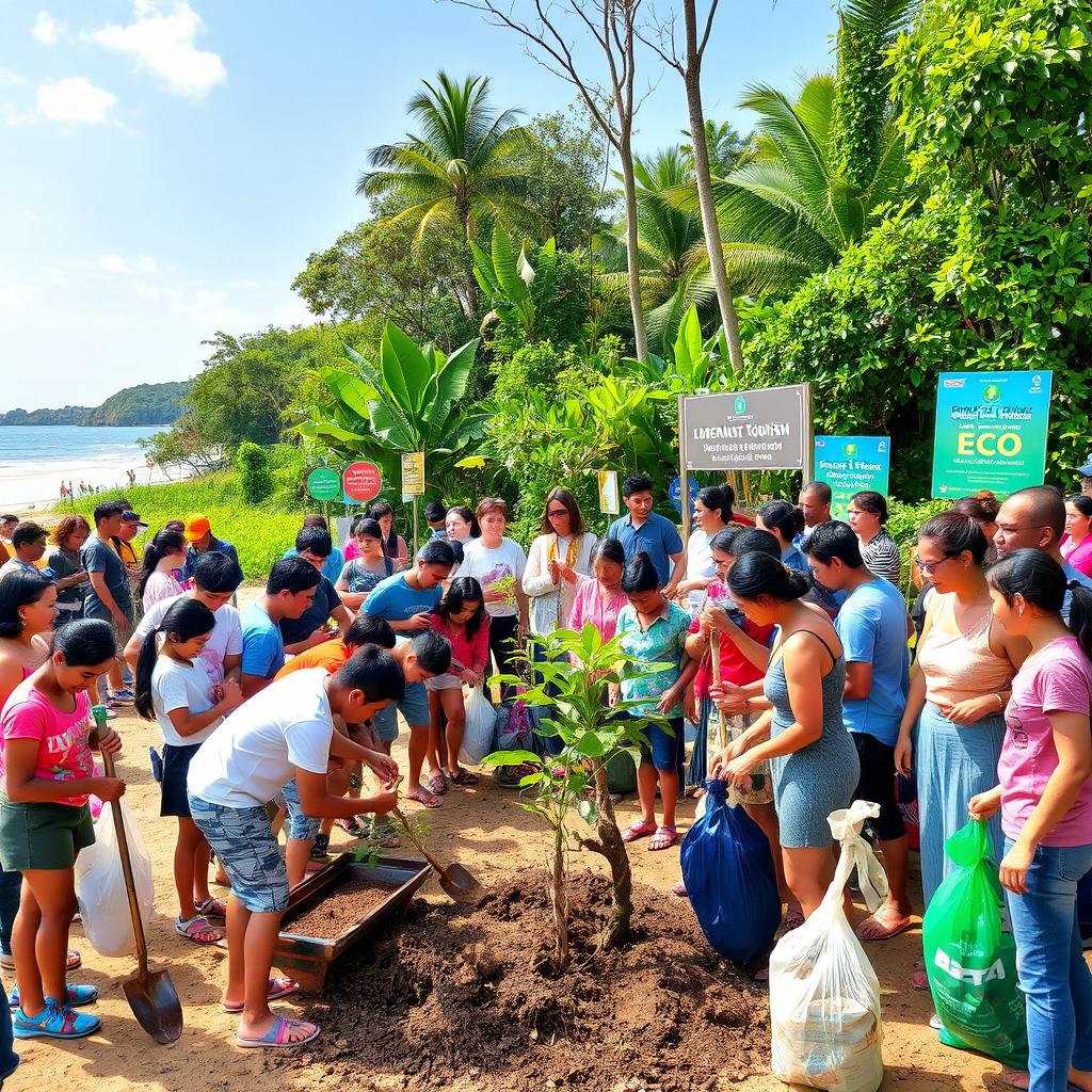 A vibrant community gathering at a local tourist site, engaged in various activities such as planting trees, cleaning the beach, and educating visitors about eco-tourism