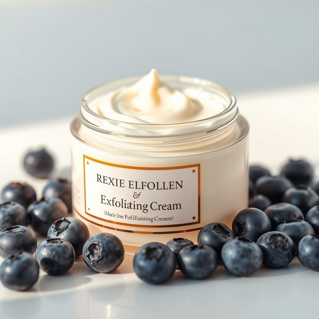 A beautifully designed jar of cosmetic facial exfoliating cream on a smooth surface, surrounded by fresh blueberries