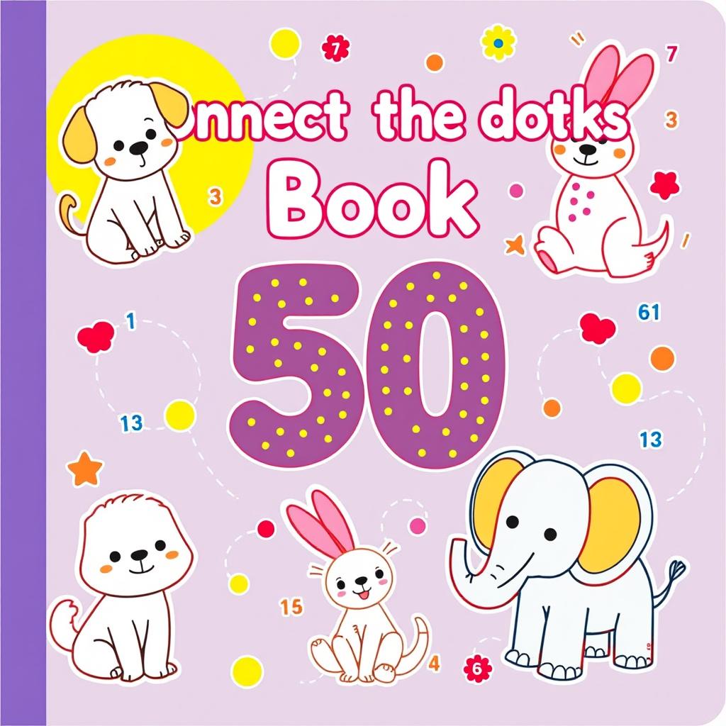 A children's book cover featuring vibrant and colorful illustrations of cute animals designed in a connect-the-dots style