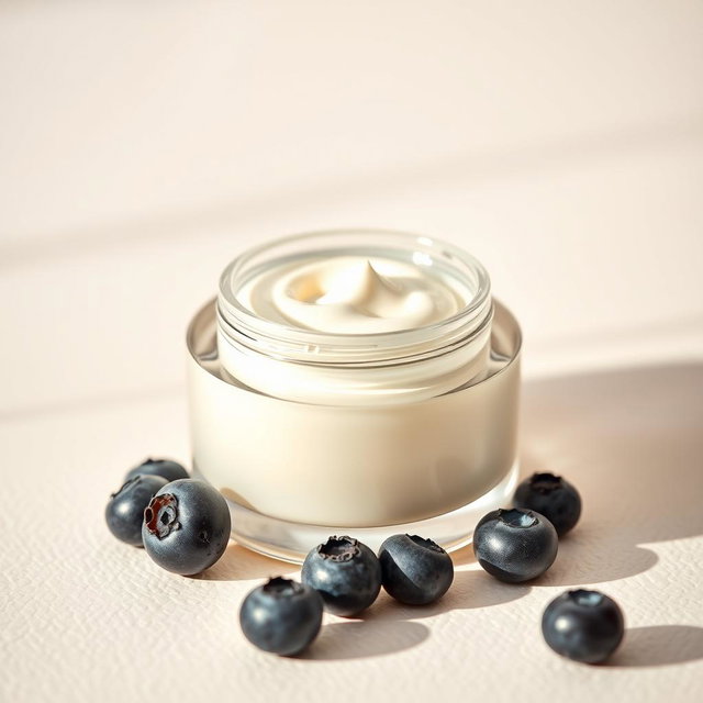 A stylish, elegant cosmetic jar filled with a luxurious facial moisturizing cream, prominently featuring some fresh blueberries scattered around it