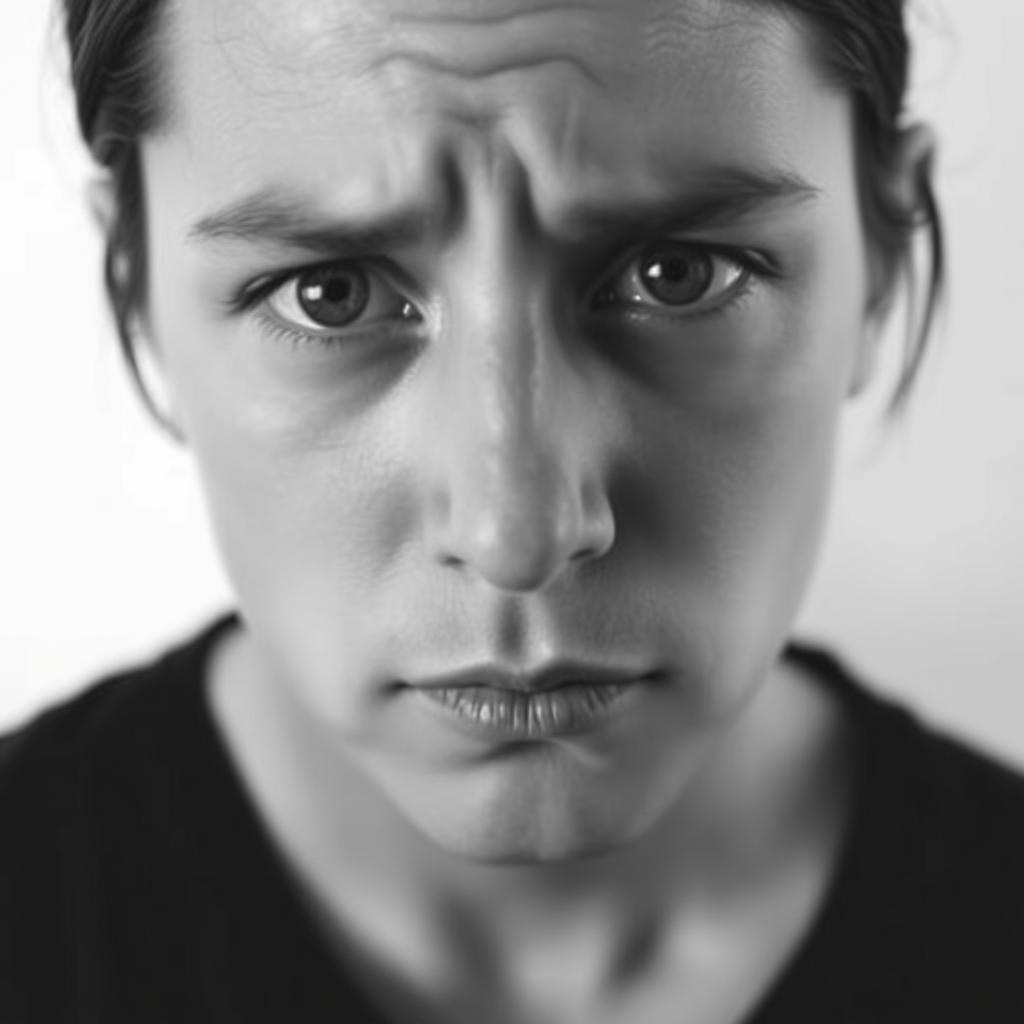 A black and white portrait of a person looking directly at the camera with an almost sad expression