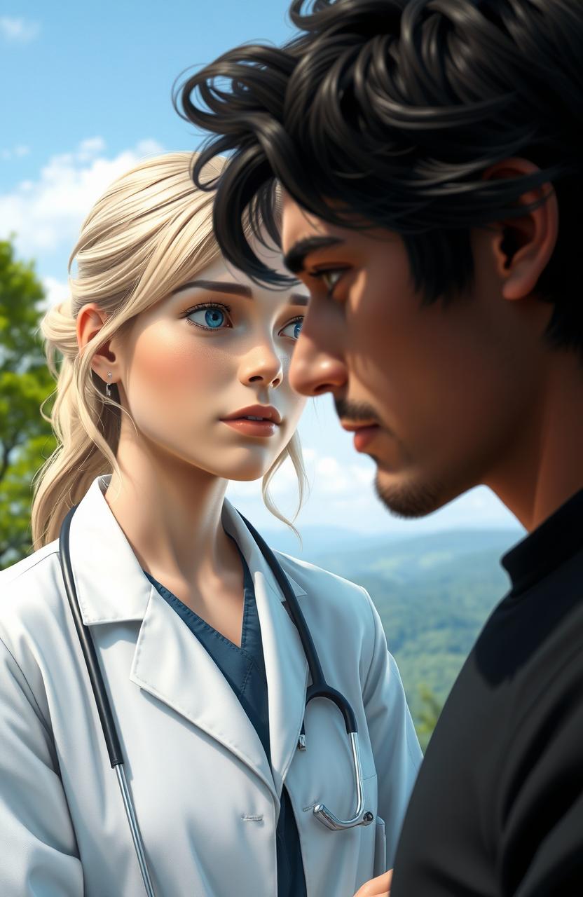 A young female doctor with light blonde hair, fair skin, and blue eyes is intensely gazing at a man with black hair, fair skin, and gray eyes