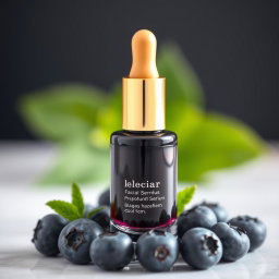 A beautifully designed cosmetic facial serum bottle placed elegantly next to fresh, vibrant blueberries
