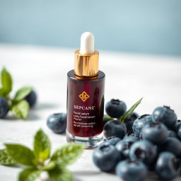 A beautifully designed cosmetic facial serum bottle placed elegantly next to fresh, vibrant blueberries