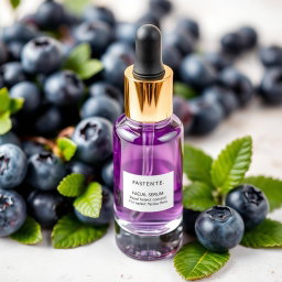 A beautifully designed cosmetic facial serum bottle placed elegantly next to fresh, vibrant blueberries