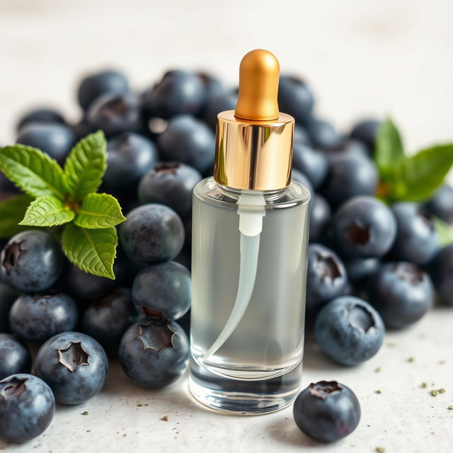 A beautifully designed cosmetic facial serum bottle placed elegantly next to fresh, vibrant blueberries
