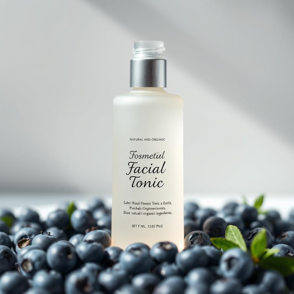 A beautifully designed cosmetic facial tonic bottle, elegantly shaped with a sleek, modern aesthetic