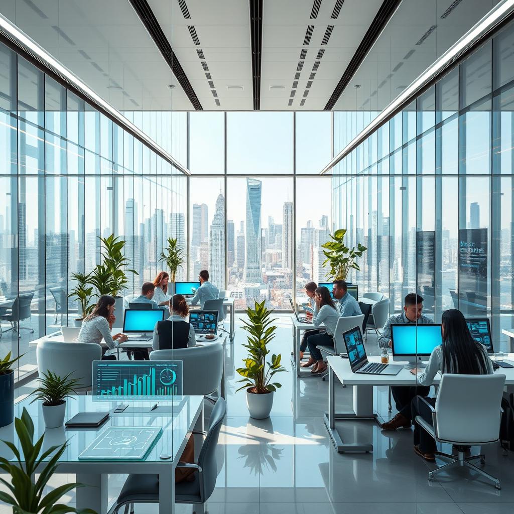 A futuristic office workspace of a smart company, featuring sleek and modern design elements such as glass walls, minimalistic furniture, and advanced technology