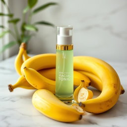 A beautiful cosmetic facial tonic bottle positioned elegantly on a white marble countertop