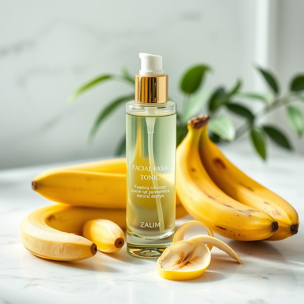 A beautiful cosmetic facial tonic bottle positioned elegantly on a white marble countertop