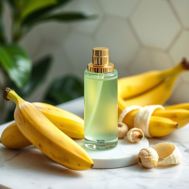 A beautiful cosmetic facial tonic bottle positioned elegantly on a white marble countertop