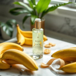 A beautiful cosmetic facial tonic bottle positioned elegantly on a white marble countertop