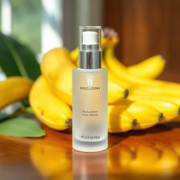 A beautifully designed cosmetic facial serum bottle placed on a polished wooden surface, with a vibrant arrangement of fresh, ripe bananas surrounding the bottle