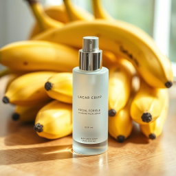 A beautifully designed cosmetic facial serum bottle placed on a polished wooden surface, with a vibrant arrangement of fresh, ripe bananas surrounding the bottle