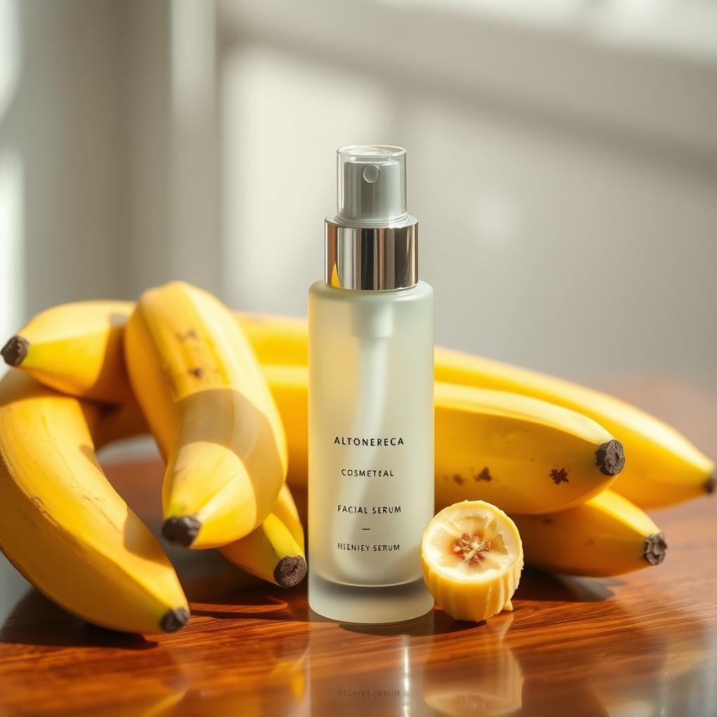 A beautifully designed cosmetic facial serum bottle placed on a polished wooden surface, with a vibrant arrangement of fresh, ripe bananas surrounding the bottle
