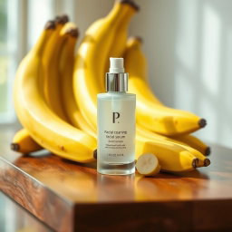 A beautifully designed cosmetic facial serum bottle placed on a polished wooden surface, with a vibrant arrangement of fresh, ripe bananas surrounding the bottle