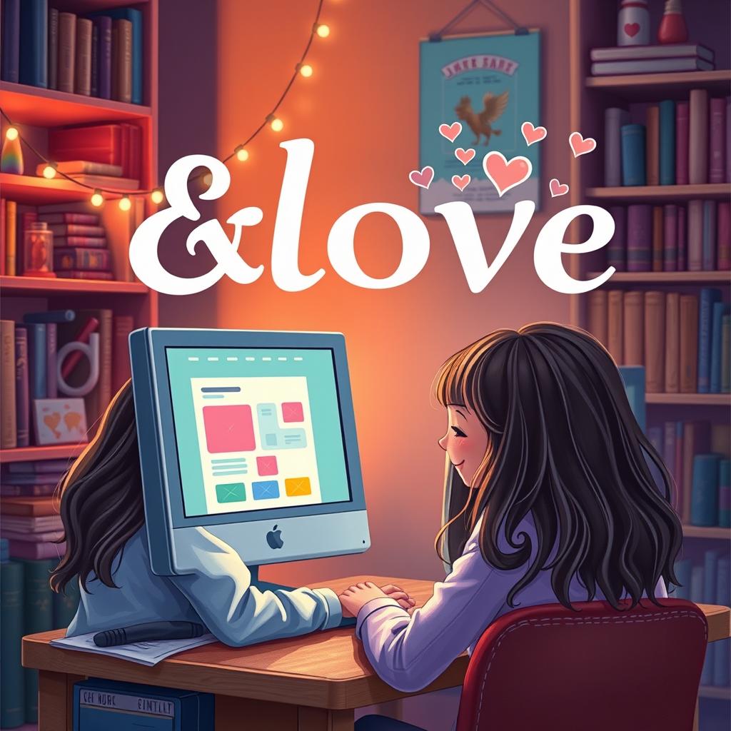 A captivating book cover for a story titled '&love', featuring a young girl at a computer in a cozy, inviting room