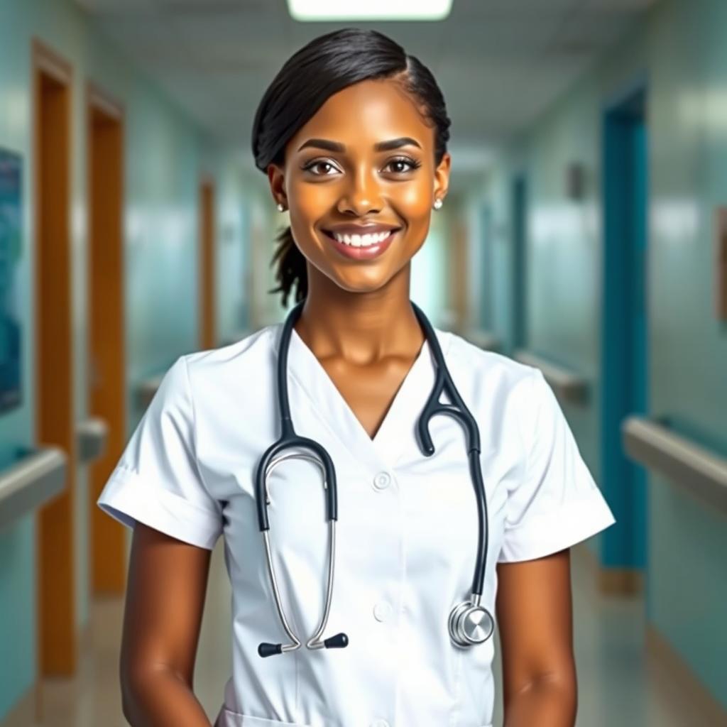 A stunning Curaçaoan nurse standing confidently in a hospital corridor