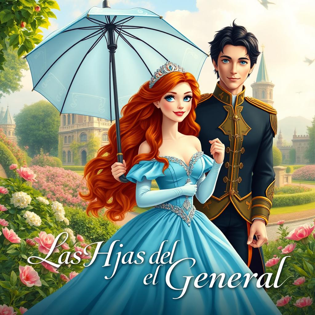 A princess with long, wavy copper-colored hair is gracefully walking while holding a sky-blue dress and an elegant umbrella
