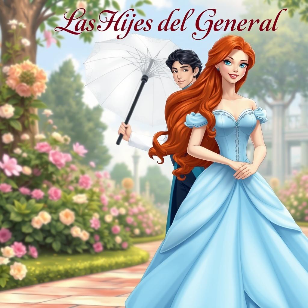 Realistic characters of a princess with long, wavy copper-colored hair, elegantly dressed in a sky-blue gown, holding a delicate umbrella while strolling