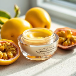 A luxurious cosmetic facial moisturizing cream jar with a sleek design, resting on a textured surface