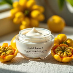 A luxurious cosmetic facial moisturizing cream jar with a sleek design, resting on a textured surface