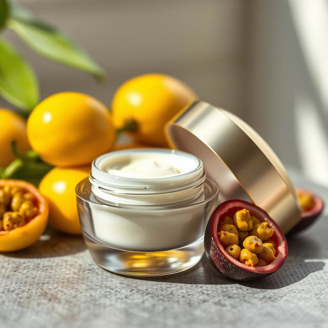 A luxurious cosmetic facial moisturizing cream jar with a sleek design, resting on a textured surface