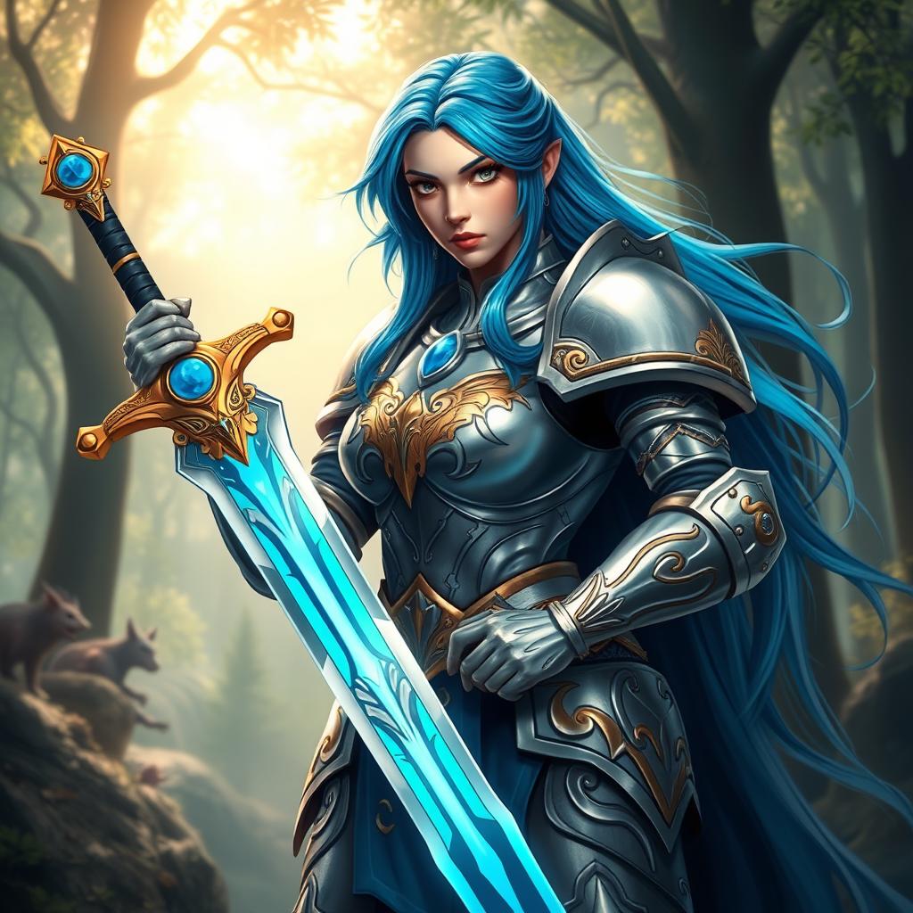 A fierce blue-haired female paladin, clad in shining silver armor adorned with intricate golden designs
