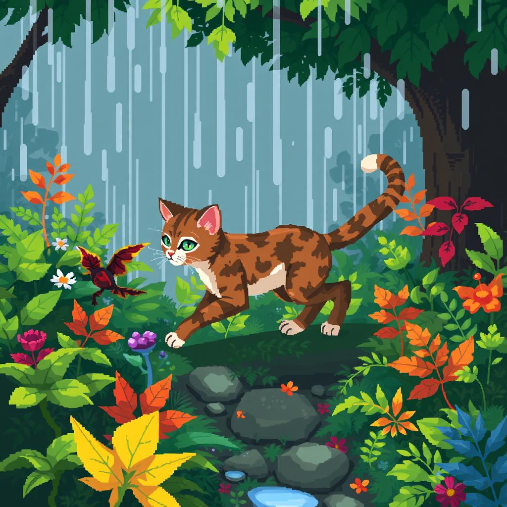 A pixel art scene depicting a cat from the game 'Rain World', characterized by its unique design and vibrant colors