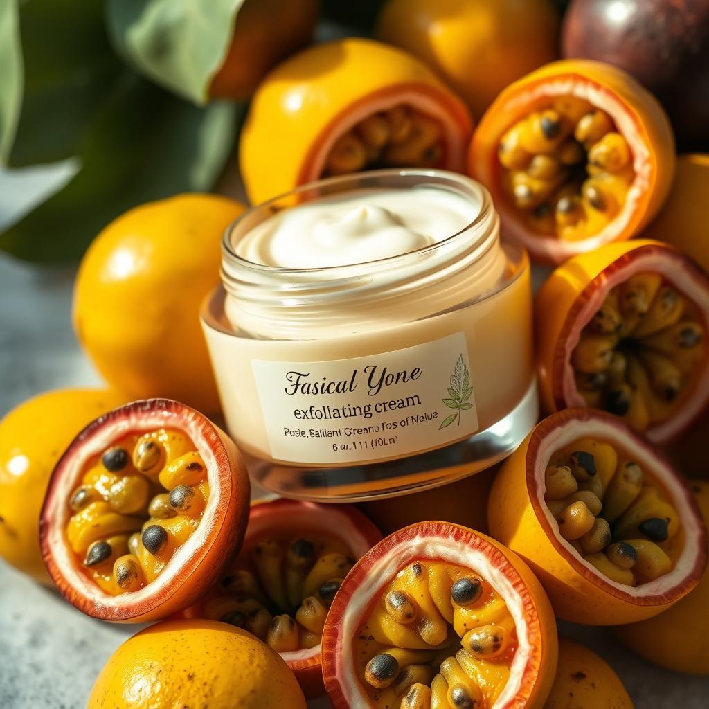 A beautifully designed cosmetic facial exfoliating cream jar, elegantly shaped with a glossy finish, surrounded by bright yellow passion fruits