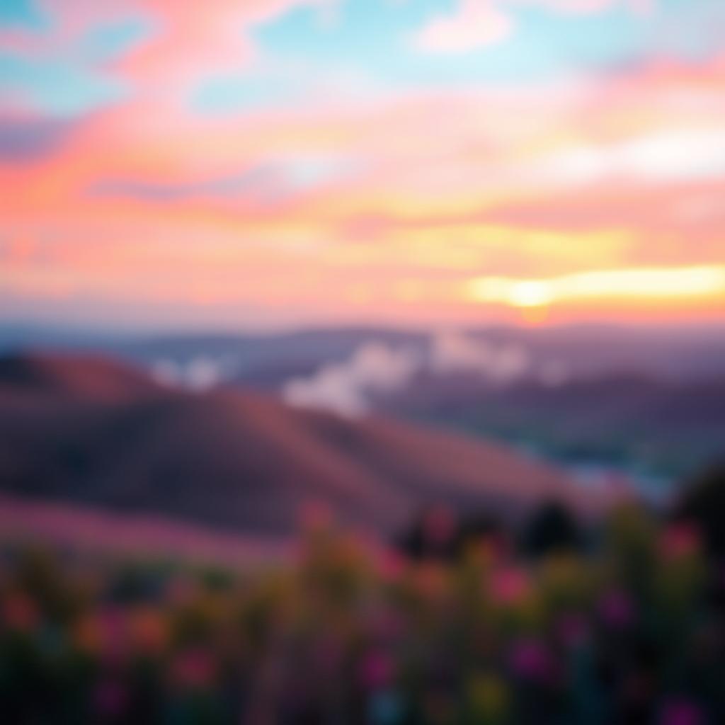 An abstract image depicting a blurred landscape filled with vibrant colors, such as pinks, blues, and yellows, creating a dreamy effect