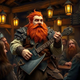 A dwarf named Gimli, son of Gloin, passionately playing a guitar that is uniquely shaped like a medieval axe