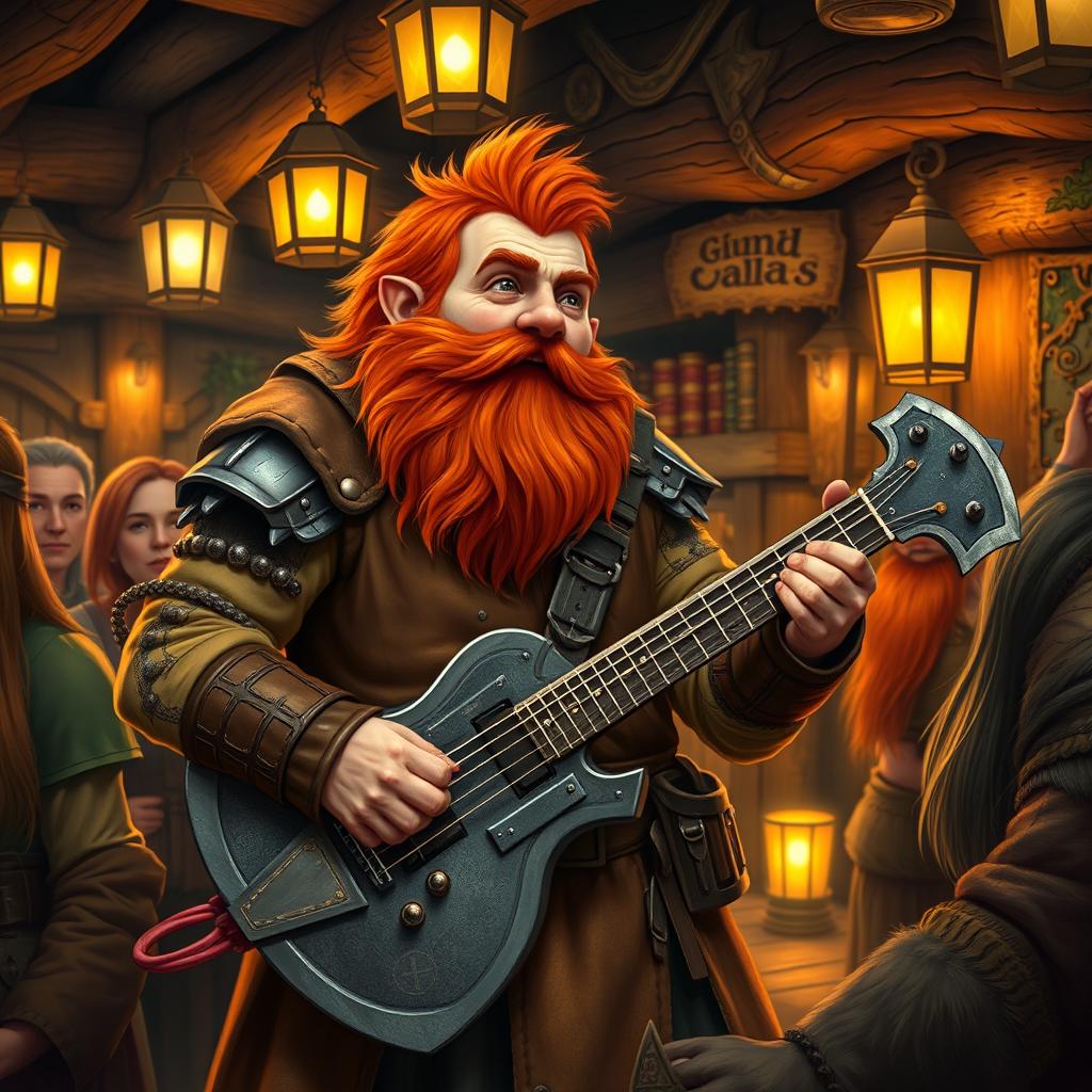 A dwarf named Gimli, son of Gloin, passionately playing a guitar that is uniquely shaped like a medieval axe