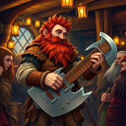 A dwarf named Gimli, son of Gloin, passionately playing a guitar that is uniquely shaped like a medieval axe