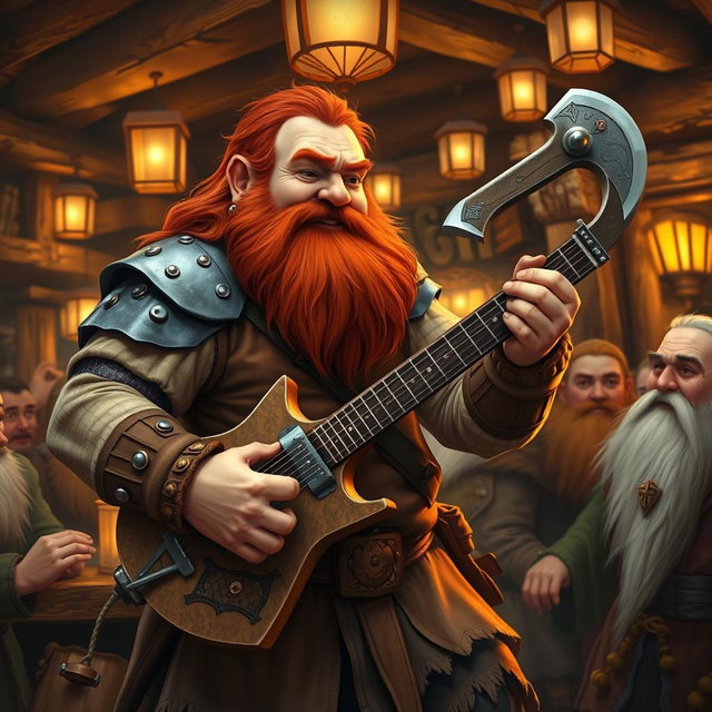 A dwarf named Gimli, son of Gloin, passionately playing a guitar that is uniquely shaped like a medieval axe