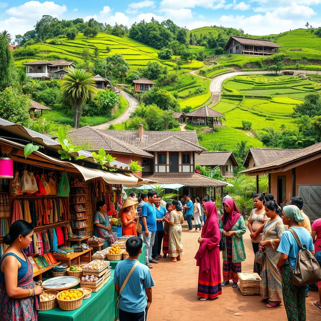A vibrant, picturesque scene showcasing a small tourism business in the village of Parungseah, Indonesia