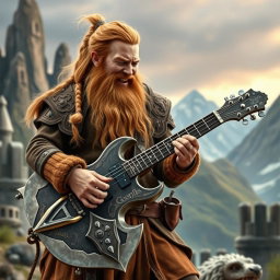 A dwarf themed guitar shaped like a battle axe, being played by Gimli, son of Glóin, in a lively setting