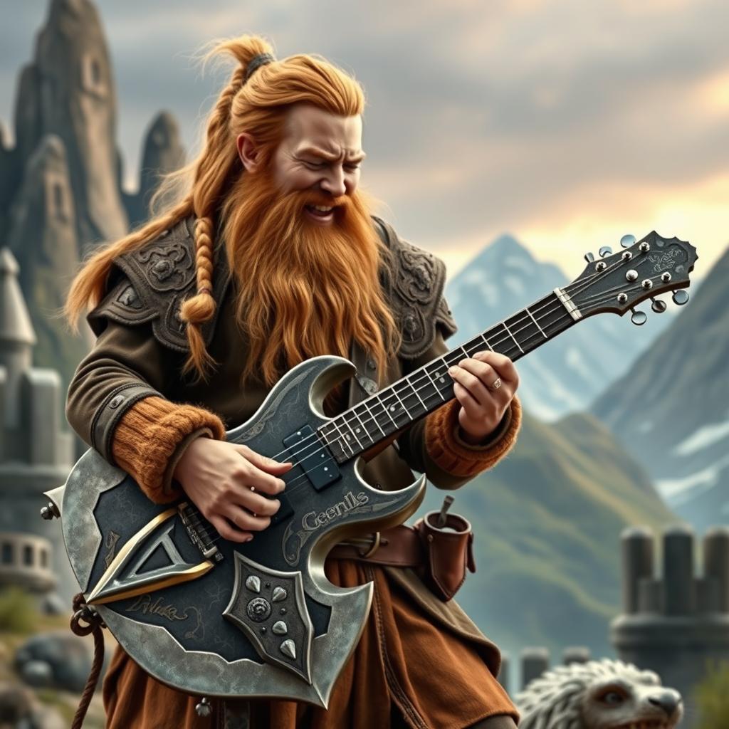 A dwarf themed guitar shaped like a battle axe, being played by Gimli, son of Glóin, in a lively setting