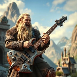 A dwarf themed guitar shaped like a battle axe, being played by Gimli, son of Glóin, in a lively setting