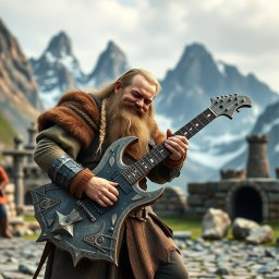 A dwarf themed guitar shaped like a battle axe, being played by Gimli, son of Glóin, in a lively setting