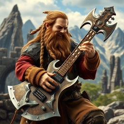 A dwarf themed guitar shaped like a battle axe, being played by Gimli, son of Glóin, in a lively setting