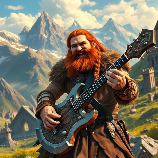 Gimli, son of Glóin, enthusiastically playing a guitar shaped like a battle axe