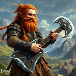 Gimli, son of Glóin, enthusiastically playing a guitar shaped like a battle axe